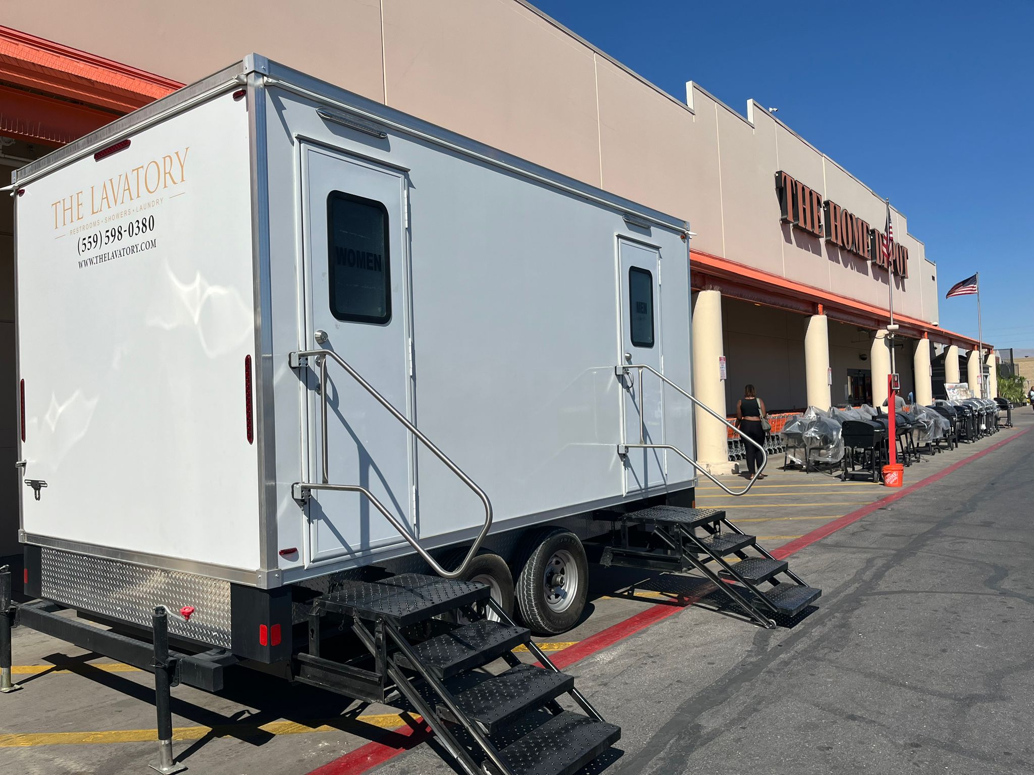 Texas corporate event restroom trailer rental. Luxury bathroom trailer at downtown business activation