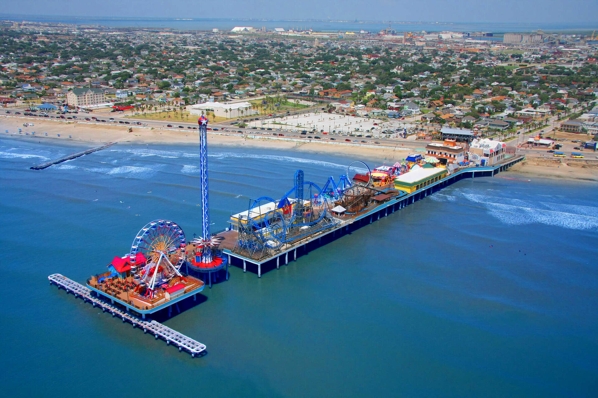 Galveston Pleasure Pier on the Gulf Coast. The Lavatory Texas luxury restroom trailer rentals in Galveston