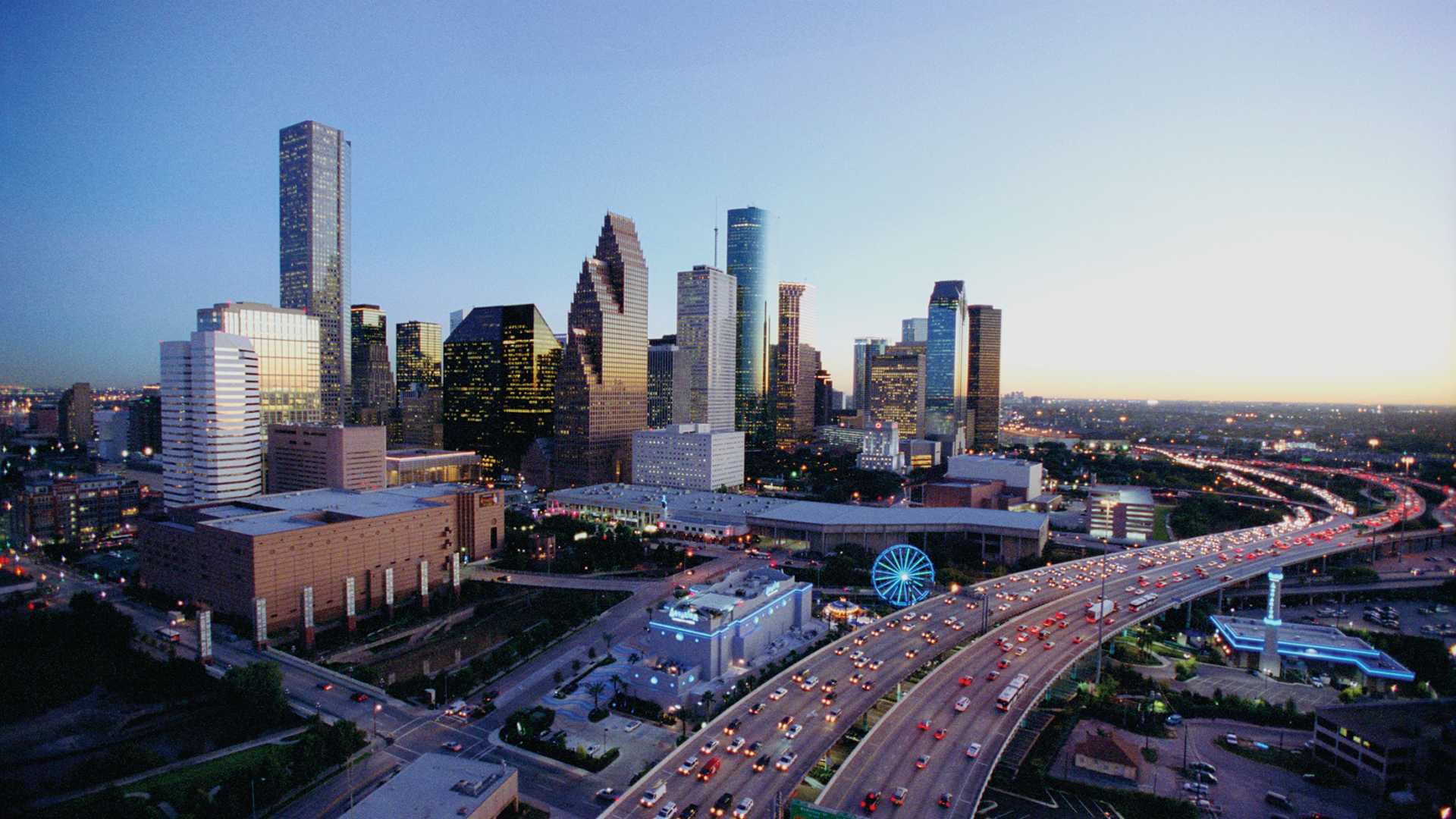 Houston neighborhood and skyline view, Houston, Texas