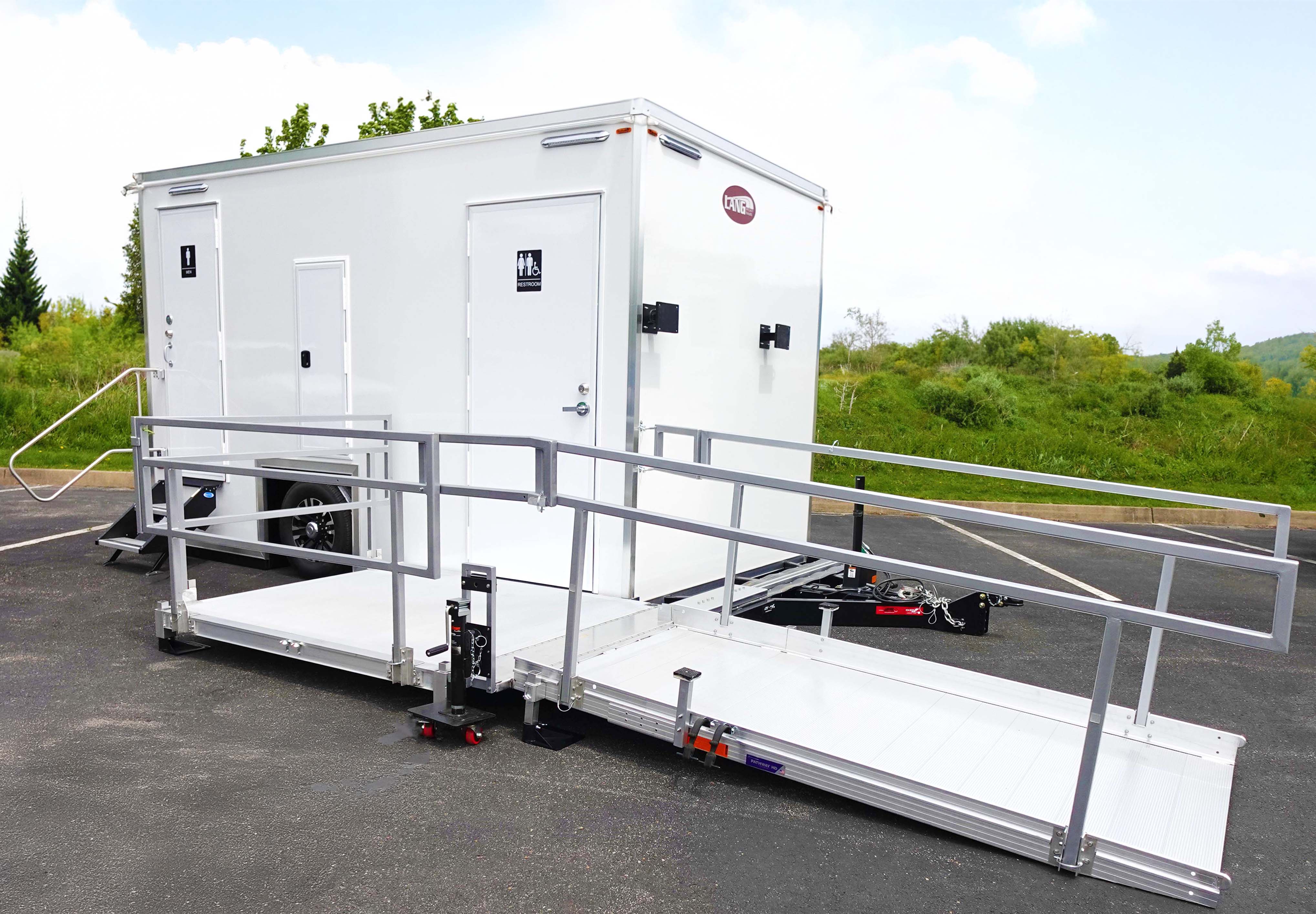 Texas ADA restroom trailer rental. ADA + 2 Restroom Trailer with wheelchair ramp deployed