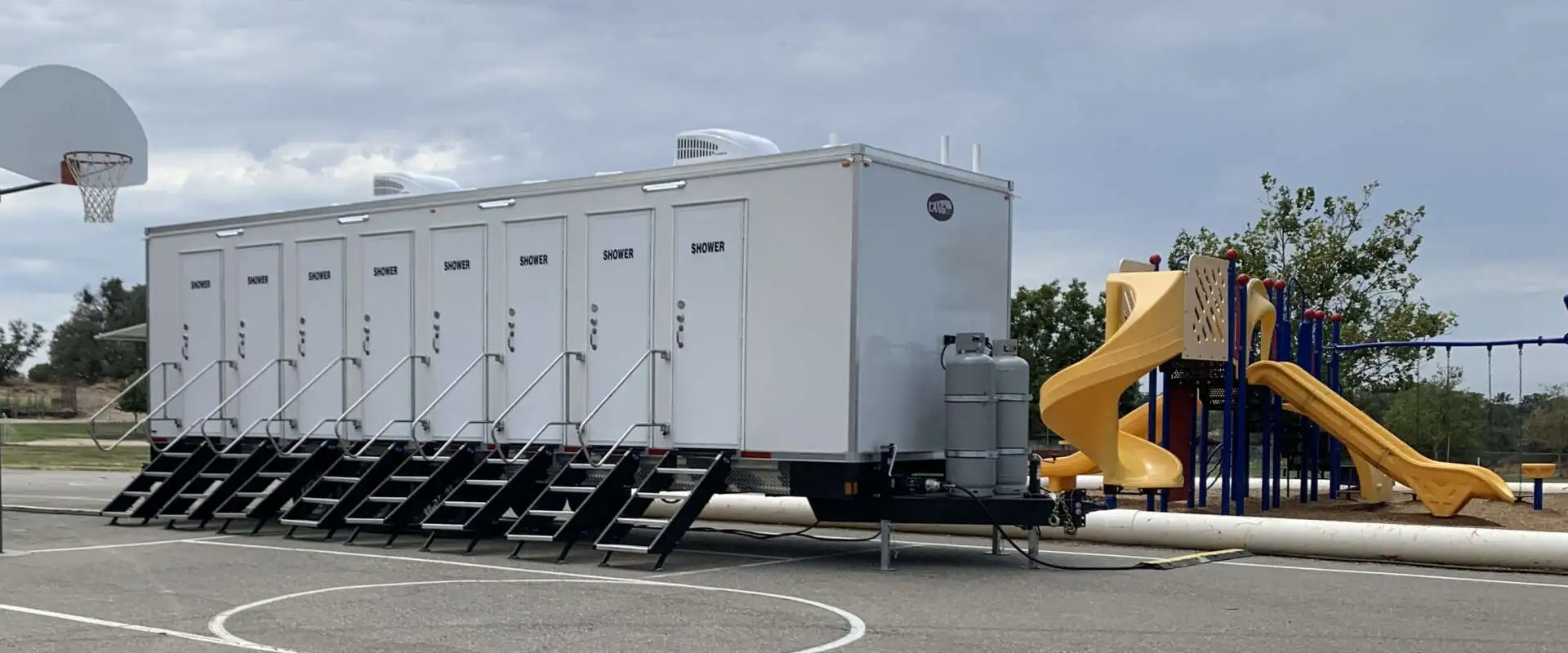 Texas construction site portable restroom trailer rental. Luxury jobsite bathroom trailer for crew use