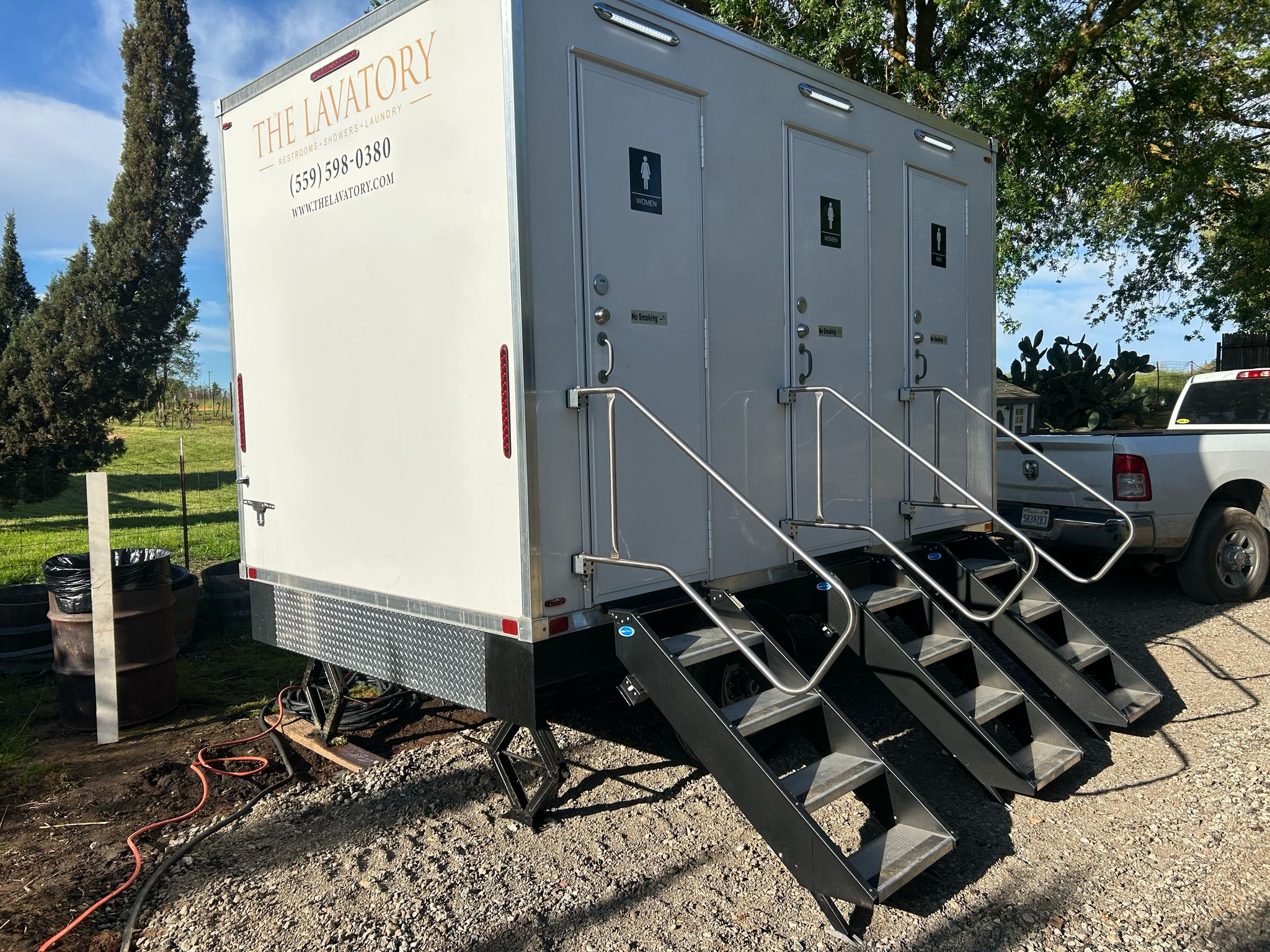 3 station luxury restroom trailer rental Texas. Mid-size event bathroom trailer for weddings and corporate functions
