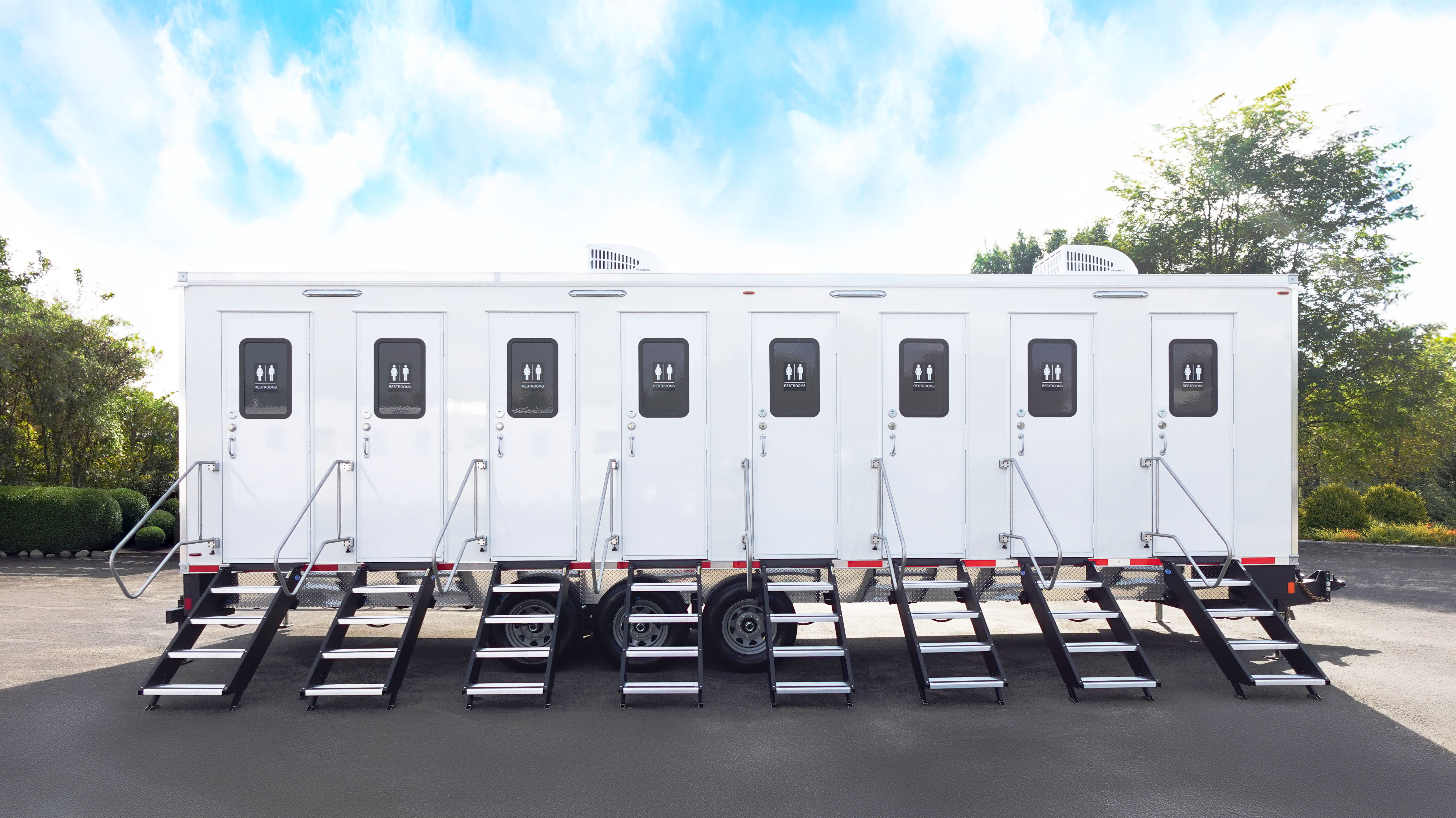8 station private restroom trailer rental Texas. Eight individual unisex rooms for large jobsites and events
