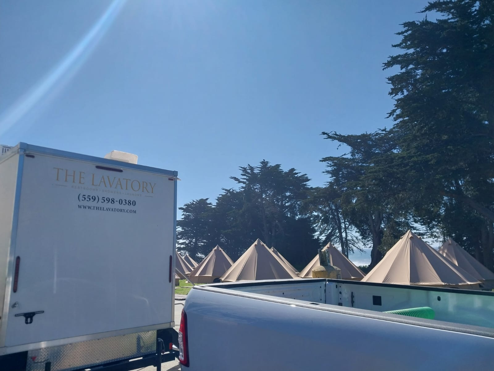 Texas glamping luxury restroom and shower trailer rental. Multi-day camping bathroom trailer with hot water