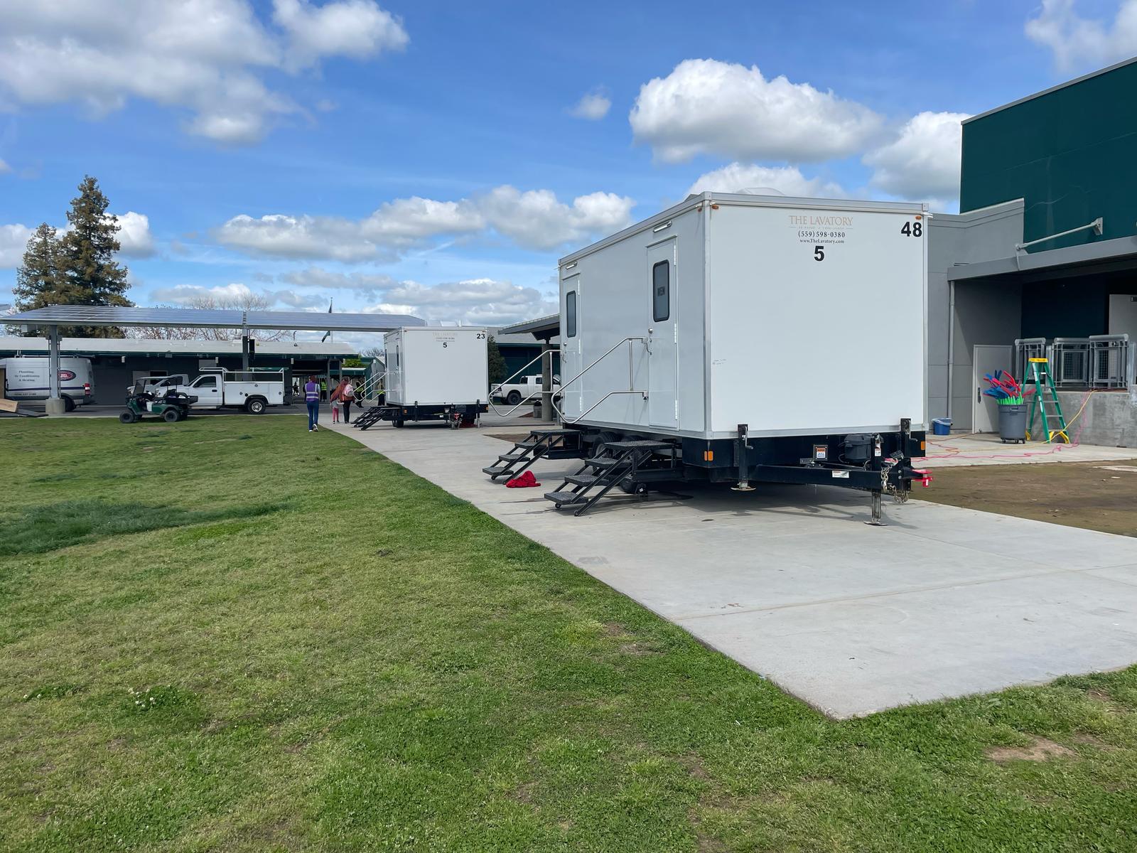 Texas school district luxury restroom trailer rental. University and ISD bathroom trailer for remodels and events